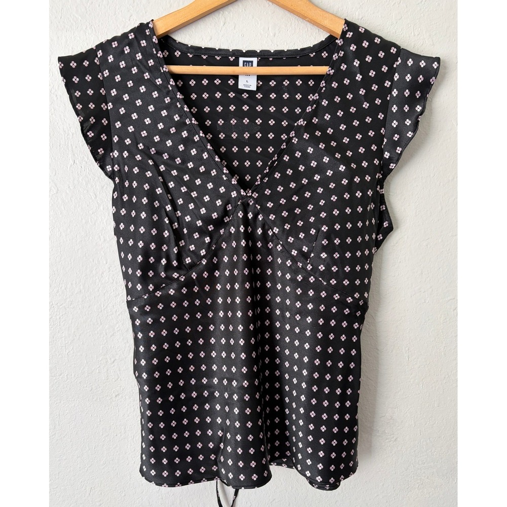 Vintage Y2K Gap Black Ditsy Floral Babydoll Wrap Top Tie Back L Flutter Sleeve